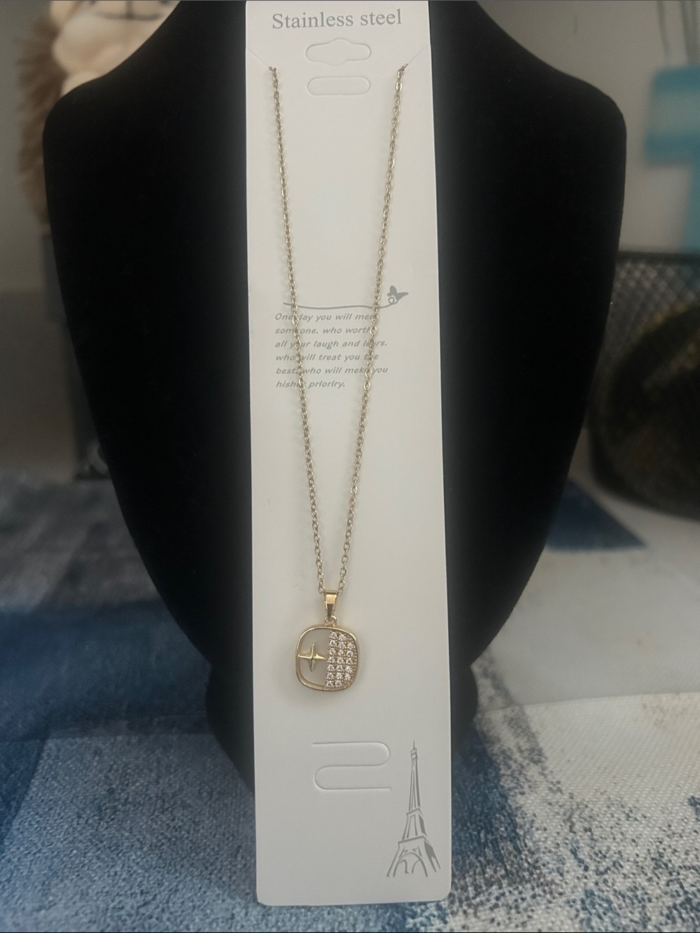 Gold Tone Stainless Steel Pendant Necklace with Crystal Accents